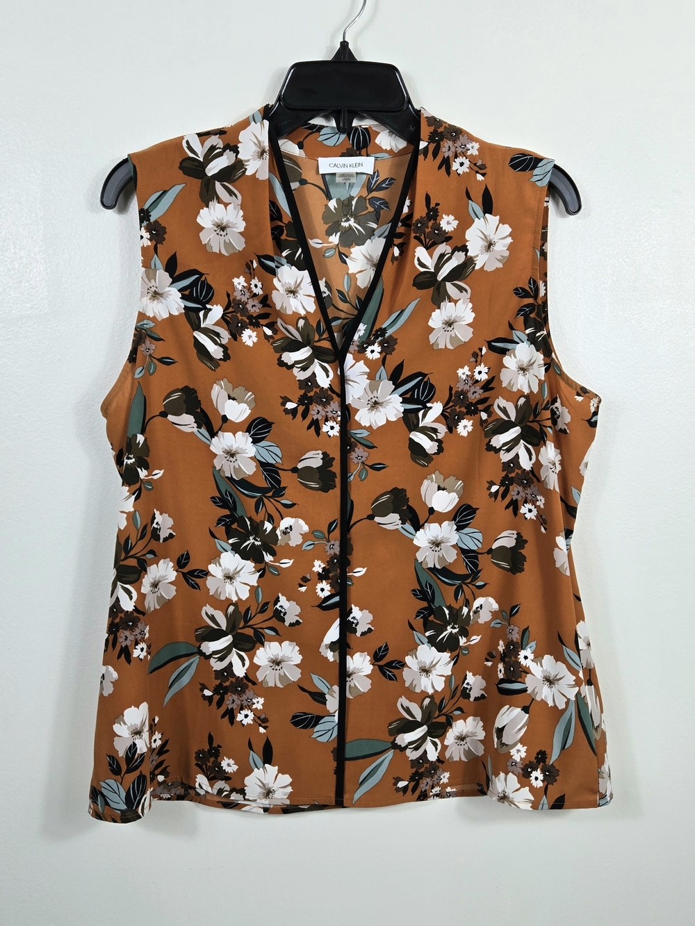 Calvin Klein Womens Orange White Floral Sleeveless Business Casual Blouse Large
